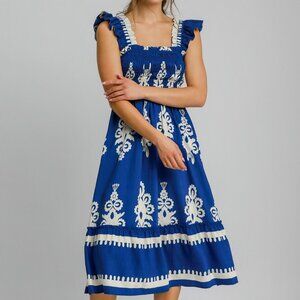 NWT Umgee Cobalt Blue Border Print A-Line Sundress With Ruffle Straps